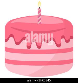 Cute pink birthday cake with dripping icing and a glowing candle, vector illustration for greeting cards, party invitations, and celebration designs. Stock Vector