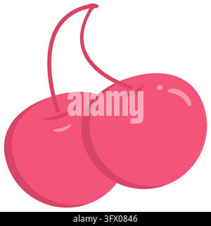 Cute cartoon pink cherry pair isolated on white background, vector illustration suitable for stickers, icons, and graphic design projects. Stock Vector
