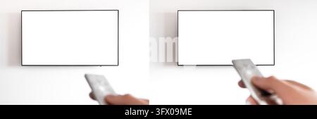 TV, remote and screen mockup set, hand pointing at wall-mounted television. Blank flatscreen display with empty lcd on white wall, two angles. Modern Stock Photo