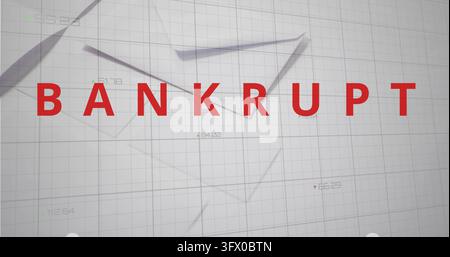 Displaying red uppercase BANKRUPT on financial chart backdrop, showing gridlines and markers. Bold, grid, folded, paper, dimensional, muted, infograph Stock Photo