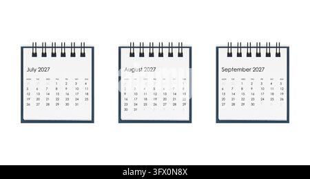 Clean front view of three square desk calendars with black spiral binding. Displaying the first three months of 2027. Clear isolate for website header Stock Photo
