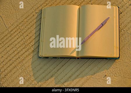 Top view of open blank notebook with pen on textured concrete surface bathed in warm golden hour sunlight Stock Photo