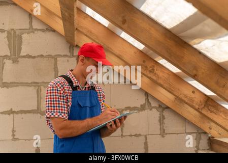 Worker in uniform inspecting a construction site, holding a clipboard and pencil, reviewing plans or making notes inside unfinished building framework Stock Photo