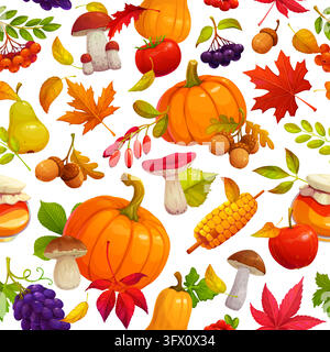 Autumn fall leaves seamless pattern. Vector repeat tile background with pumpkin, mushroom, apple, pear, grapes, corn, acorns and berries maple, and oa Stock Vector