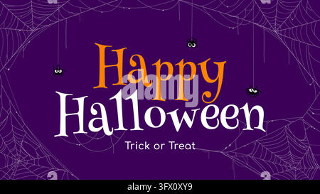 Happy festive Halloween greeting vector card with spider web. Cartoon funny spiders hanging with expressive eyes drop from cobwebs spread across the c Stock Vector
