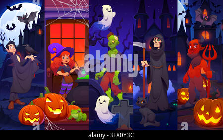 Scary Halloween characters. Cartoon vector vampire with crow, little witch with frog, zombie surrounded by ghosts, grim reaper with black cat and red Stock Vector
