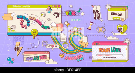8 bit Y2K computer browser windows interface with retro pixel icons and panels. Y2K digital graphic design of error popup windows and internet web UI Stock Vector