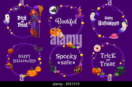 Happy Halloween holiday festive borders and photo frames with spooky monsters, cartoon vector. Halloween holiday photo frames with pumpkin lanterns, s Stock Vector