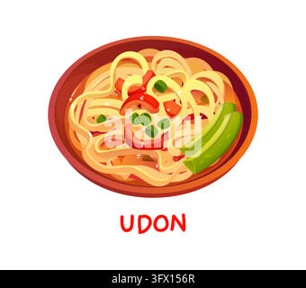 Japanese udon noodle soup bowl icon. Cartoon thick wheat noodles, red bell pepper slices, chopped green onions and fresh vegetables in savory broth fo Stock Vector