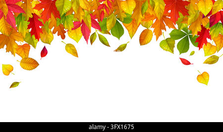 Hello autumn cover and fall season poster, placard with bright leaves. Vector seasonal foliage border frame with maple, rowan and oak red, orange, yel Stock Vector