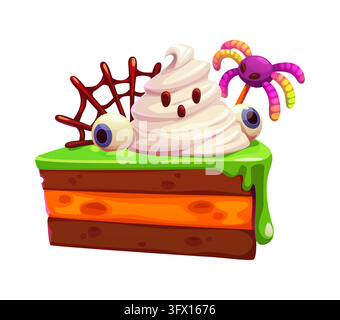 Cartoon Halloween cake slice with ghost cream swirl and eyeballs, candy spider and chocolate layers, green glaze and spooky sweet topping. Vector past Stock Vector