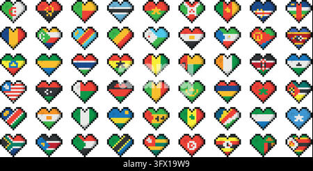 Set of 54 pixel art flags of the countries of Africa. Icon set Vector Illustration. Stock Vector