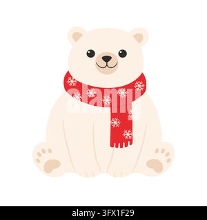 Cute Christmas polar bear in a red scarf with snowflakes isolated on white background Stock Vector