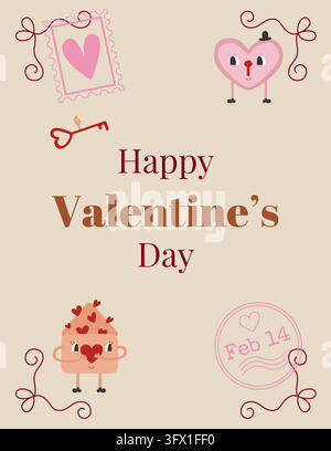 Kawaii retro Valentine's Day frame with heart stamp and cute characters. Romantic greeting card template for February 14 holiday projects. Stock Vector