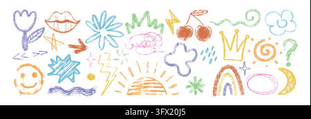 Hand drawn crayon doodle kids element, line shapes, squiggles. Colorful chalk pencil texture cute baby summer icon set. Freehand charcoal smile face, stars, flowers, childish scribbles in sketch style Stock Vector