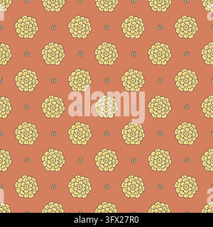 Seamless pattern with hand drawn yellow folk rosette flowers on orange background. Ethnic botanical repeat vector Stock Vector