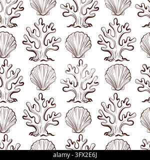 Coral and shell seamless pattern featuring branching forms alternating with fan shaped seashells, detailed hand drawn vector repeat with organic conto Stock Vector
