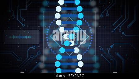 Displaying stylized DNA helix graphic glowing in futuristic bioinfo UI, with waveform panel left Stock Photo
