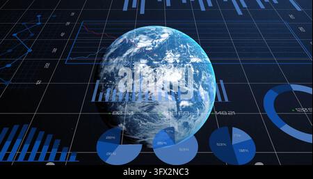 Displaying rendered Earth globe rotating on grid plane, showing bar charts and donut segments Stock Photo