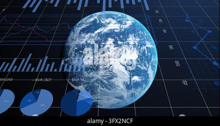 Displaying Earth globe rotating in space view, showing grid, bar or pie or line charts, ticks, nodes Stock Photo