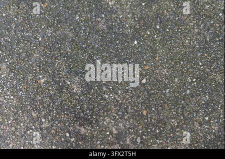 Top view of rough weathered asphalt texture with small stones and moss. Stock Photo