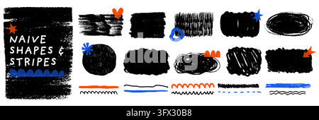 Naive crayon shape and stripe set with heart, star and rainbow doodle pairs rough chalk texture and dotted crayon stroke. Hand drawn circle figures Stock Vector