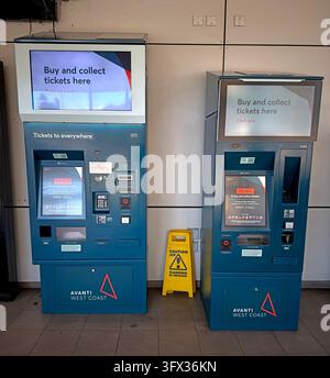 Avanti West Coast branded ticket machines at Warrington Bank Quay, Warrington Bank Quay station. Stock Photo