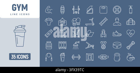 Gym sport line icons. Exercise health diet fit weight pictogram set. Gym training muscle lifestyle outline Stock Vector