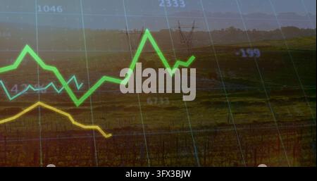 Displaying financial chart overlay covering rural vines and towers, showing green zigzag line. Gridlines, vineyard, farmland, data, analytics, moody, Stock Photo