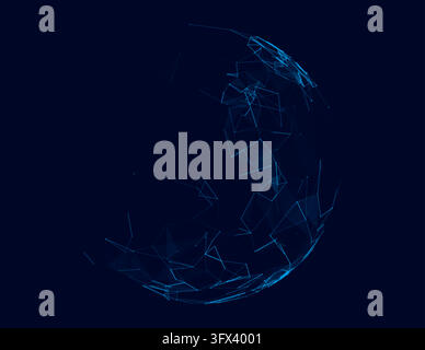 Blue polygonal crescent moon with connected lines and nodes on dark background Stock Vector