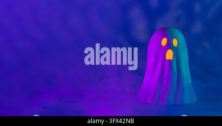 Front view of a white ceramic ghost with purple and cyan light, its face illuminated in yellow, set against a blue background with dark blue shadows a Stock Photo