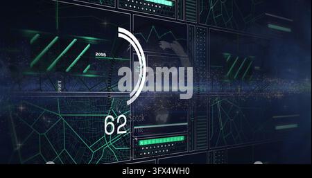 Displaying central HUD element showing 62 numeric readout and circular gauge on virtual panel Stock Photo