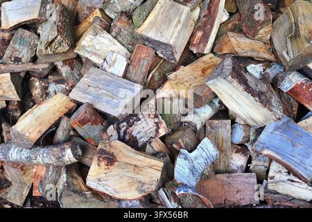 Detailed close up texture of stacked firewood with annual rings in high resolution Stock Photo