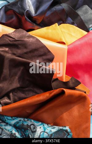 Close up view on samples of cloth and fabrics in different colors Stock Photo