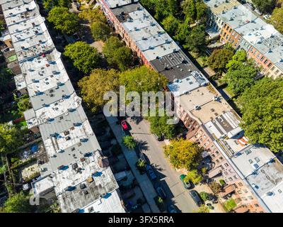 An oblique aerial perspective looks down between long rows of flat roofs and green street trees. The aerial view of Brooklyn Stock Photo