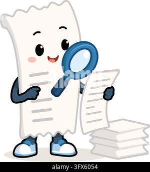 Cute Cartoon Document Character Examining Paperwork with Magnifying Glass Stock Vector