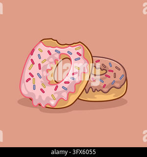 Cartoon Donuts with Pink Strawberry Icing and Chocolate Glaze on Peach Background Stock Vector