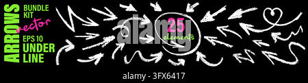 Collection of grunge arrows elements drawn with thick brush, marker strokes and white crayon charcoal pencil. Hand drawn curved wavy doodle shapes in Stock Vector