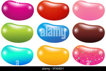 A collection of nine glossy, multi-colored jelly bean candies in a clean vector style. Stock Vector
