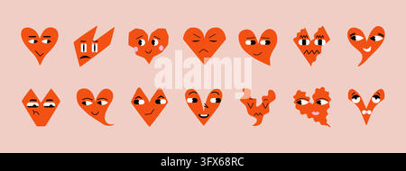Cartoon heart shapes with various emotions and personalities. Character set for Valentines Day or the day of love. Bundle for stickers, scrapbooking, Stock Vector