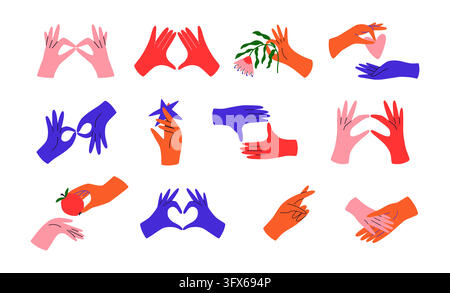 Collection colorful hand gestures and expressive poses in a bold flat hand drawn style. Includes signs of love, friendship, communication and everyday Stock Vector