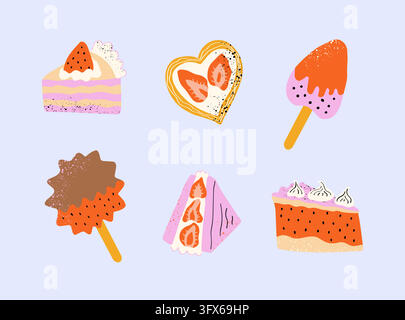 Set of strawberry and rose jam desserts. Ice cream, pastries and cakes in hand drawn style. Vector illustration for sticker, menu or postcard. Stock Vector