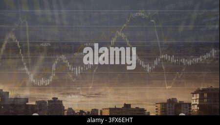 Displaying translucent candlestick and line charts over dusk city skyline with percentage labels Stock Photo