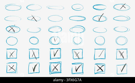 Check, circles and cross mark icon. Set highlight circle and oval in doodle style. Pencil line scribble vector illustration. Hand drawn note checkmark Stock Vector