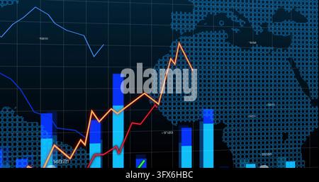 Displaying financial chart at dashboard, with pixelated world map, bar charts, line graphs Stock Photo