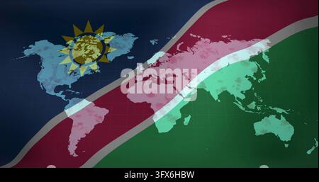 Displaying stylized world map on panel showing white-edged red diagonal band, golden sun, grid Stock Photo