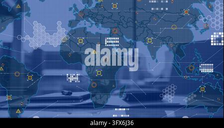 Displaying faint global map overlay on office desk, showing hex clusters, markers, gridlines Stock Photo