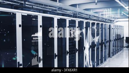 Displaying row of glass-front server cabinets in data center corridor, showing LED lights, cables Stock Photo