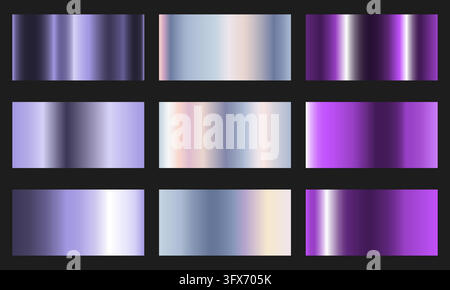 Grid of nine gradient swatches in purple, violet, blue, and pastel tones, smooth transitions ideal for design, digital art Stock Vector