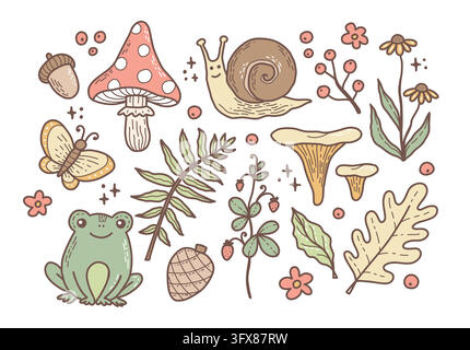 Whimsical Forest cute collection, natural elements. Hand drawn doodle, vector elements set Stock Vector